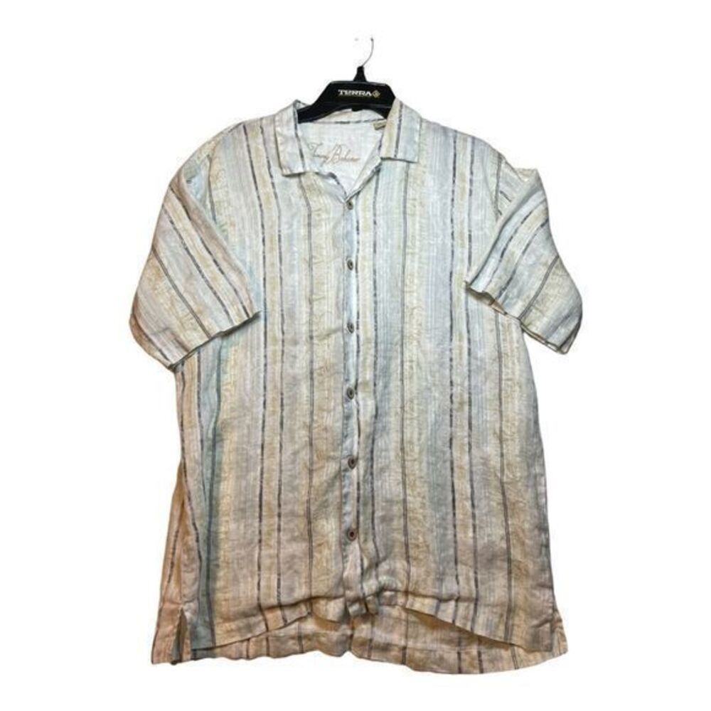 Tommy Bahama Shirt Mens Size Medium Beige Striped Short Sleeve Linen Button Down